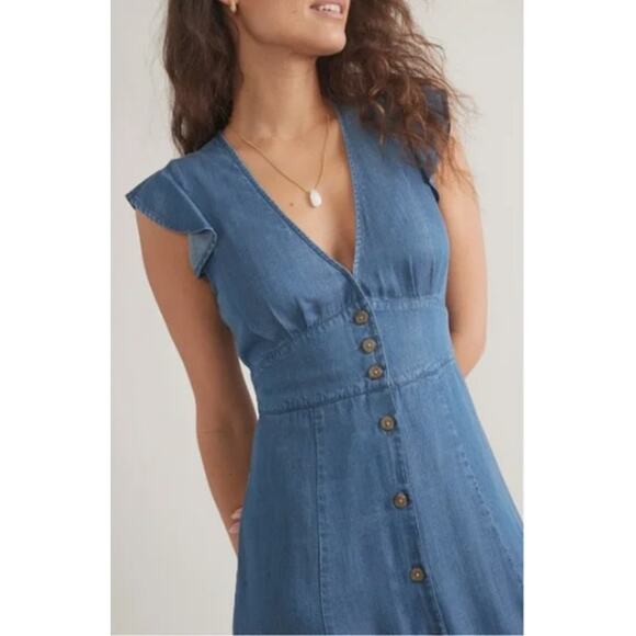 NWT Marine Layer Camila Midi Dress Button-Front with Ruffle Sleeves Size XL Blue - Picture 2 of 12
